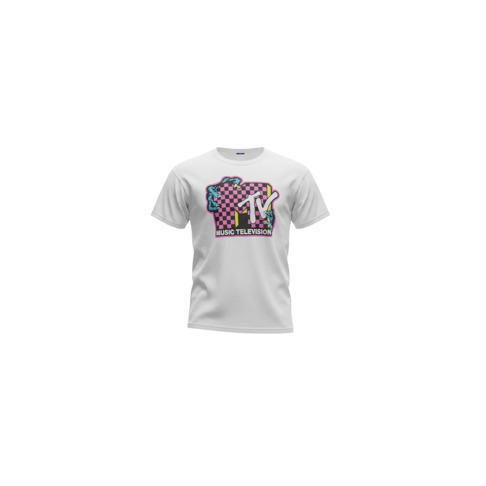 MTV Graphic T-Shirt Mens Medium White Checkered Logo Short Sleeve Retro Tee
